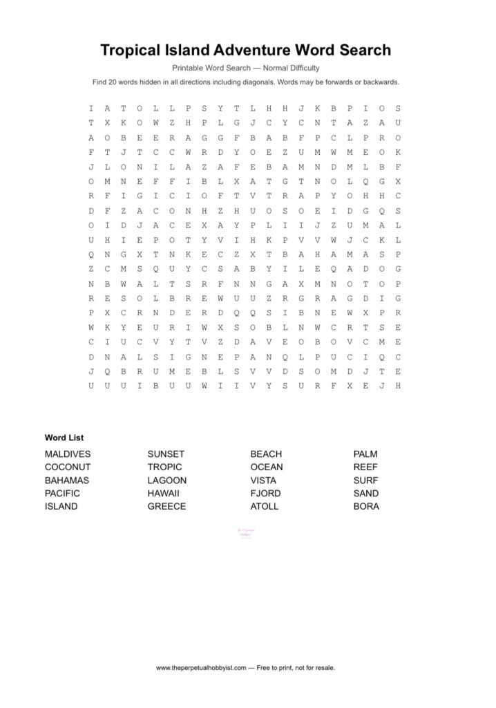 Free Printable Word Search: Tropical Island Adventure